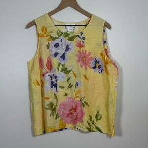 Womens Linen Floral Sleeveless Blouse Top Size XL Yellow Boxy Fit 90s Vintage